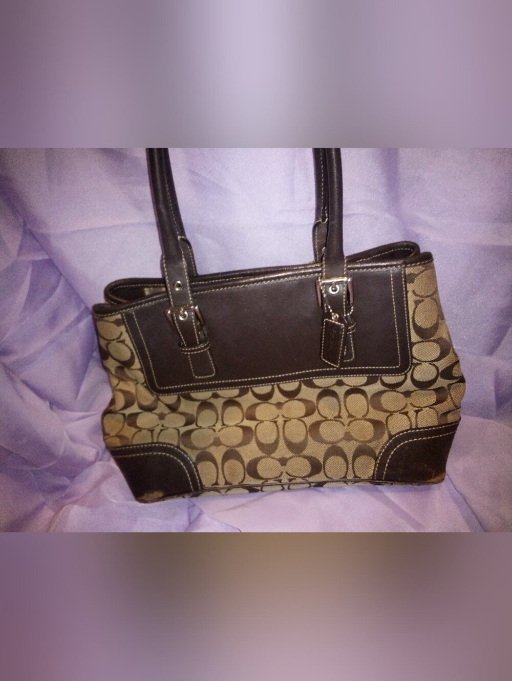 Coach Brown Signature Canvas Tote with Dark Brown Leather Trim - Picture 2 of 16